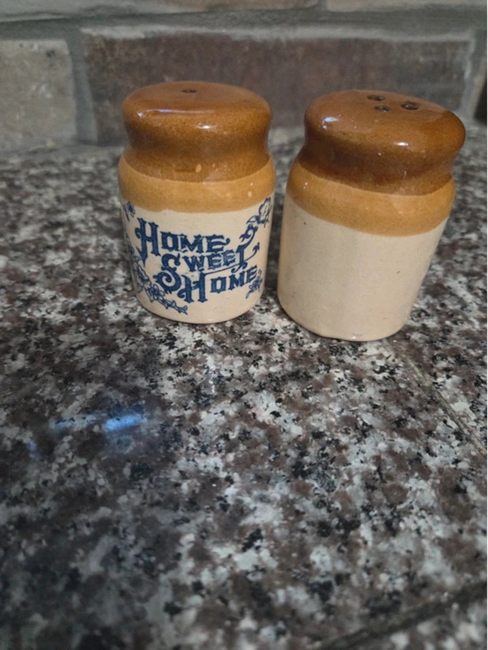Vintage stoneware crock-style salt and pepper shakers